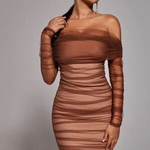 Chic Brown Off-Shoulder Long Sleeve Dress